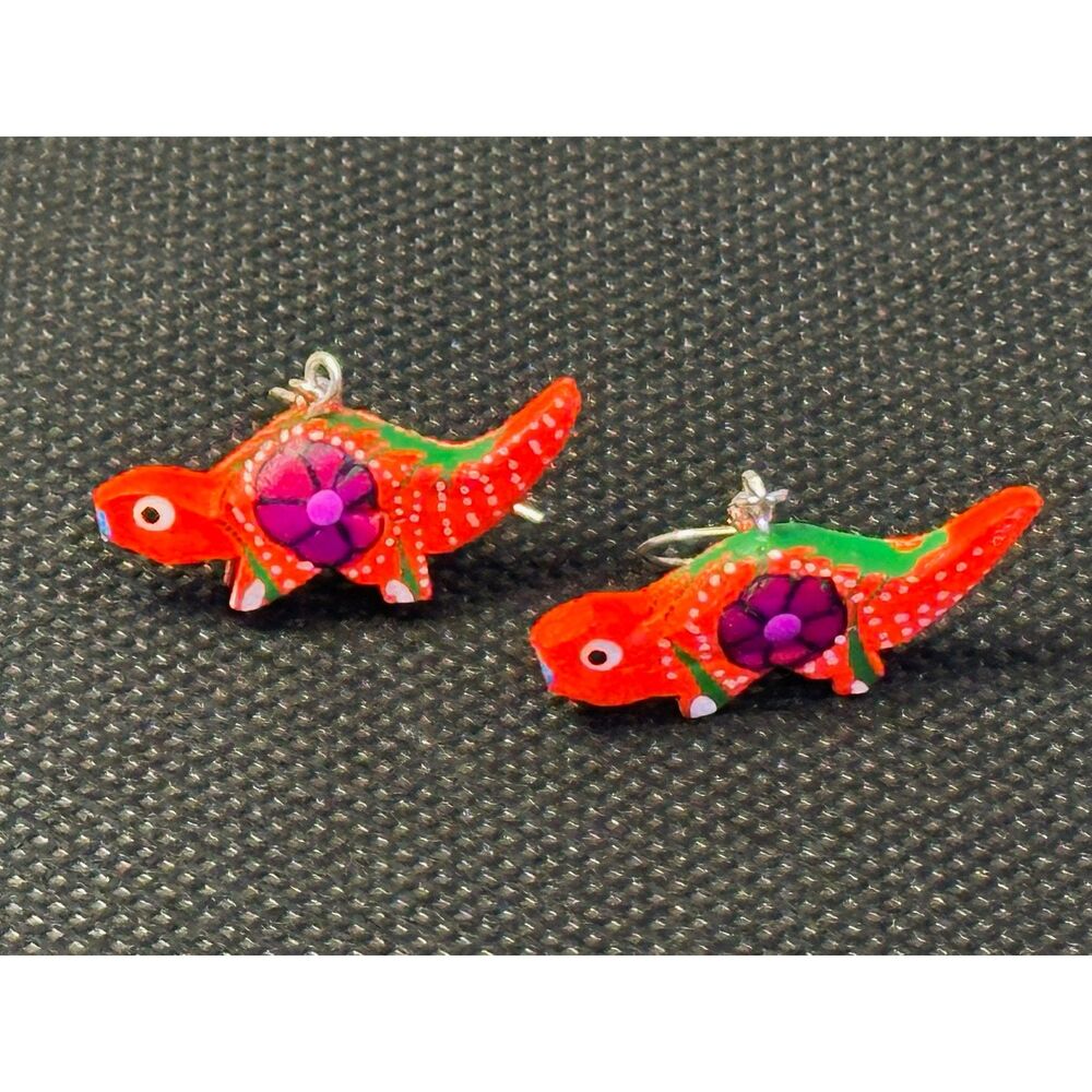Red Iguana Alebrije Earrings Hand Carved Painted Wood Oaxaca Mexican Folk Art